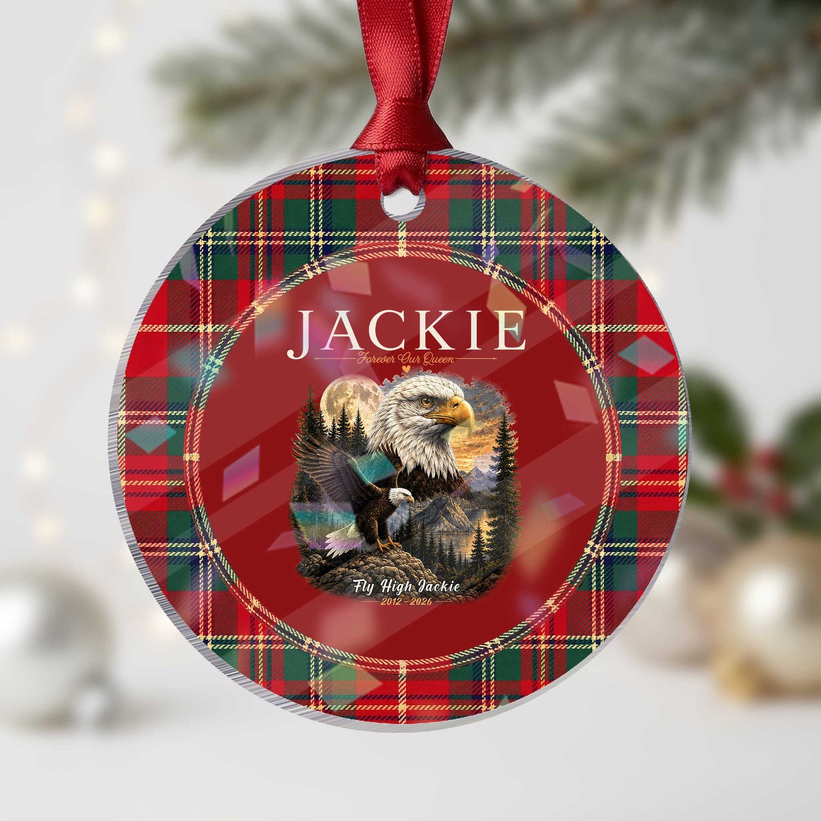 Jackie Forever Our Queen Bald Eagle 2012 2026 Memorial Holographic Acrylic Ornament Fly High in Big Bear Moonlit Mountain Tribute