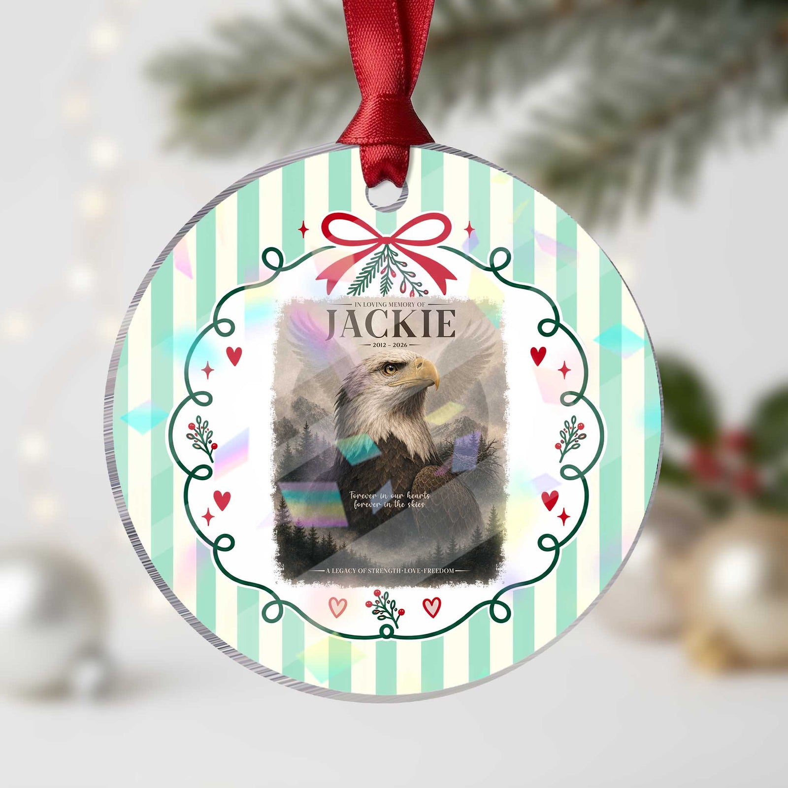 In Loving Memory of Jackie Eagle Memorial Portrait Holographic Acrylic Ornament 2012 2026 Legacy Of Strength Wilderness Tribute