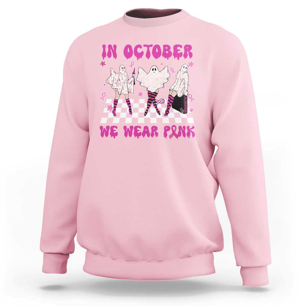 In October We Wear Pink Sweatshirt Breast Cancer Boo Sheet Halloween Ghost TS02 Light Pink Print Your Wear