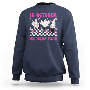 In October We Wear Pink Sweatshirt Breast Cancer Boo Sheet Halloween Ghost TS02 Navy Print Your Wear