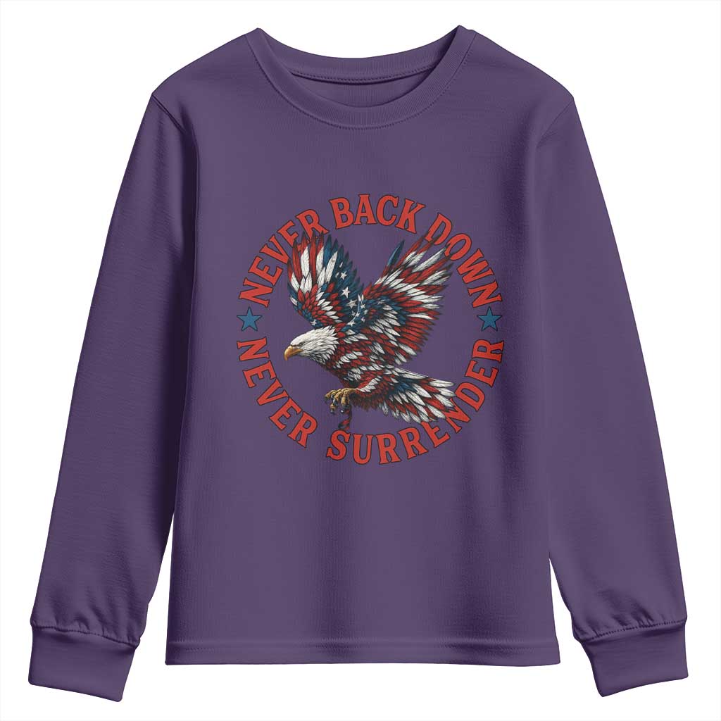 Patriotic American Eagle Graphic Youth Sweatshirt Never Back Down Never Surrender Memorial for Freedom Fighters TS02 Purple Print Your Wear