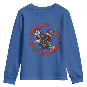 Patriotic American Eagle Graphic Youth Sweatshirt Never Back Down Never Surrender Memorial for Freedom Fighters TS02 Royal Blue Print Your Wear