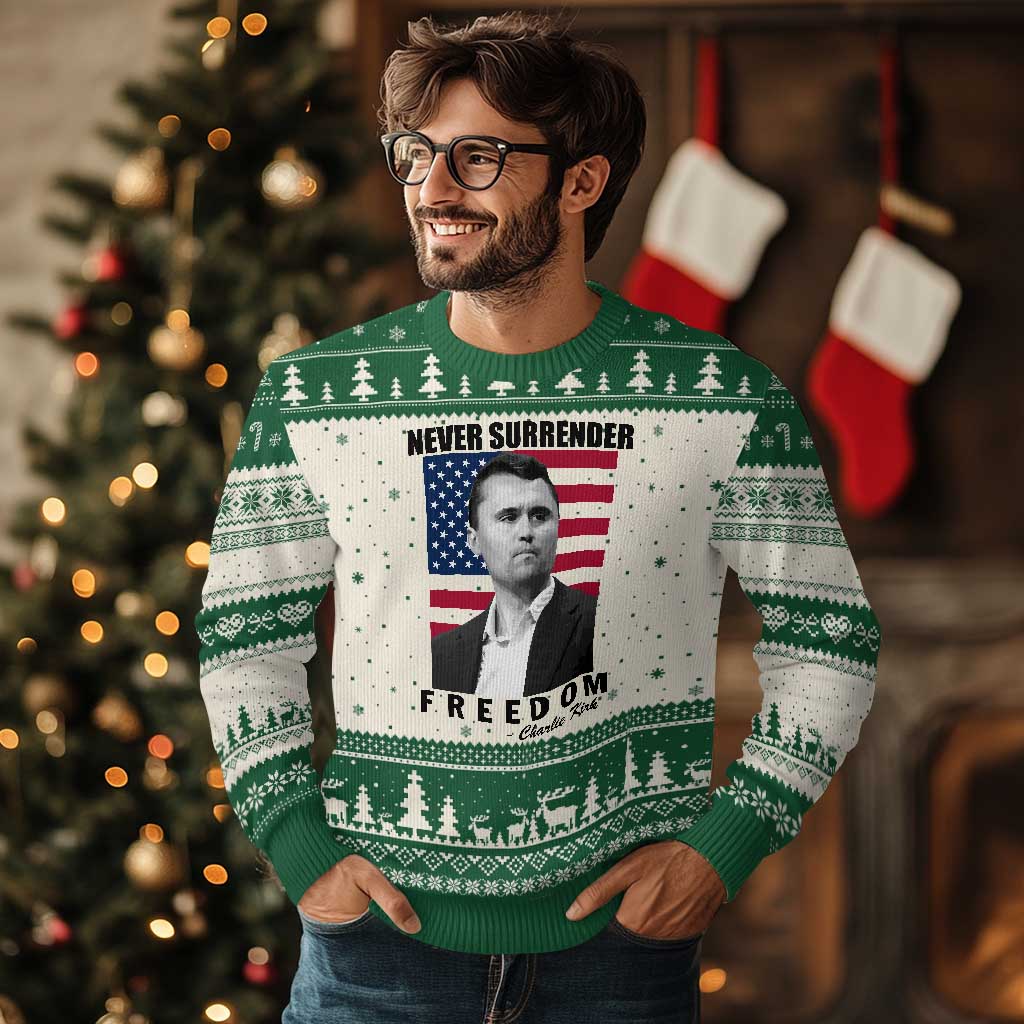 Never Surrender Freedom Ugly Christmas Sweater Patriotic Charlie Kirk Tribute American Flag TS02 Beige Green Print Your Wear