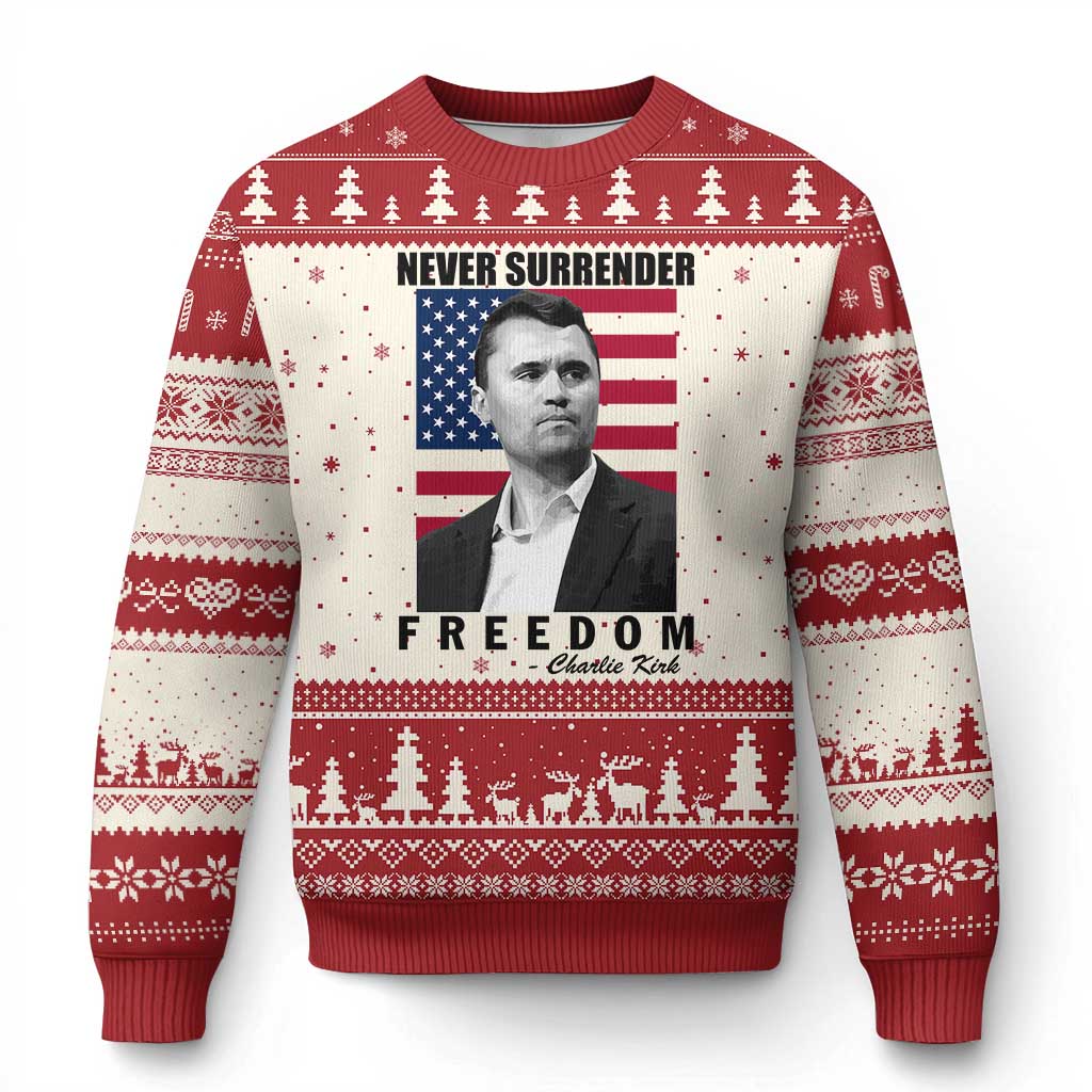 Never Surrender Freedom Ugly Christmas Sweater Patriotic Charlie Kirk Tribute American Flag TS02 Beige Red Print Your Wear