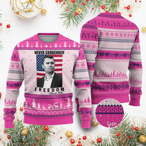 Never Surrender Freedom Ugly Christmas Sweater Patriotic Charlie Kirk Tribute American Flag TS02 Hot Pink Print Your Wear