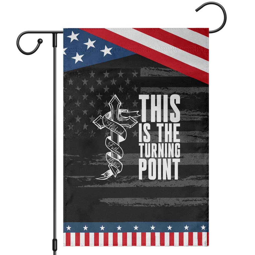 This is the Turning Point Garden Flag Husband Father Patriot Charlie Kirk Tribute Christian Faith TS02 Distressed Black Blue Print Your Wear