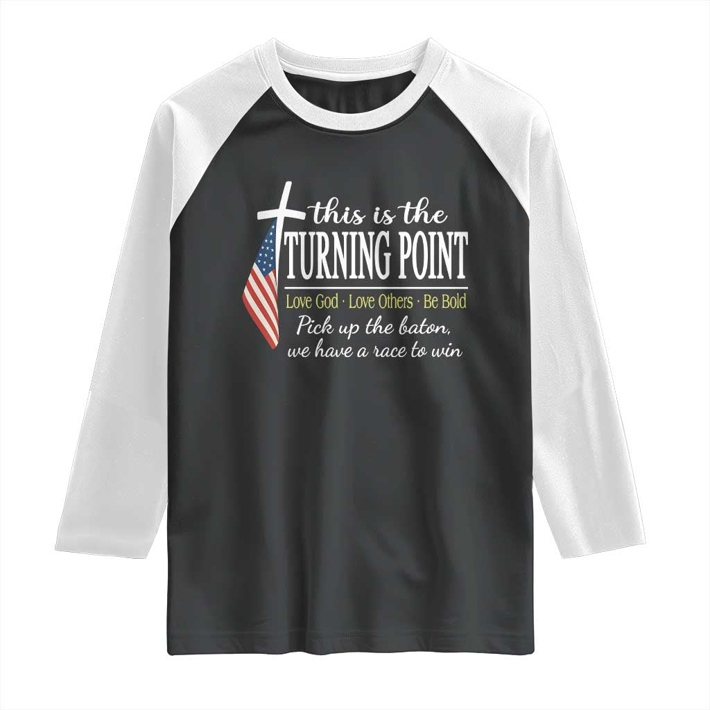 Faith Fueled Turning Point Raglan Shirt Christian Patriot Cross and American Flag TS02 Black White Print Your Wear