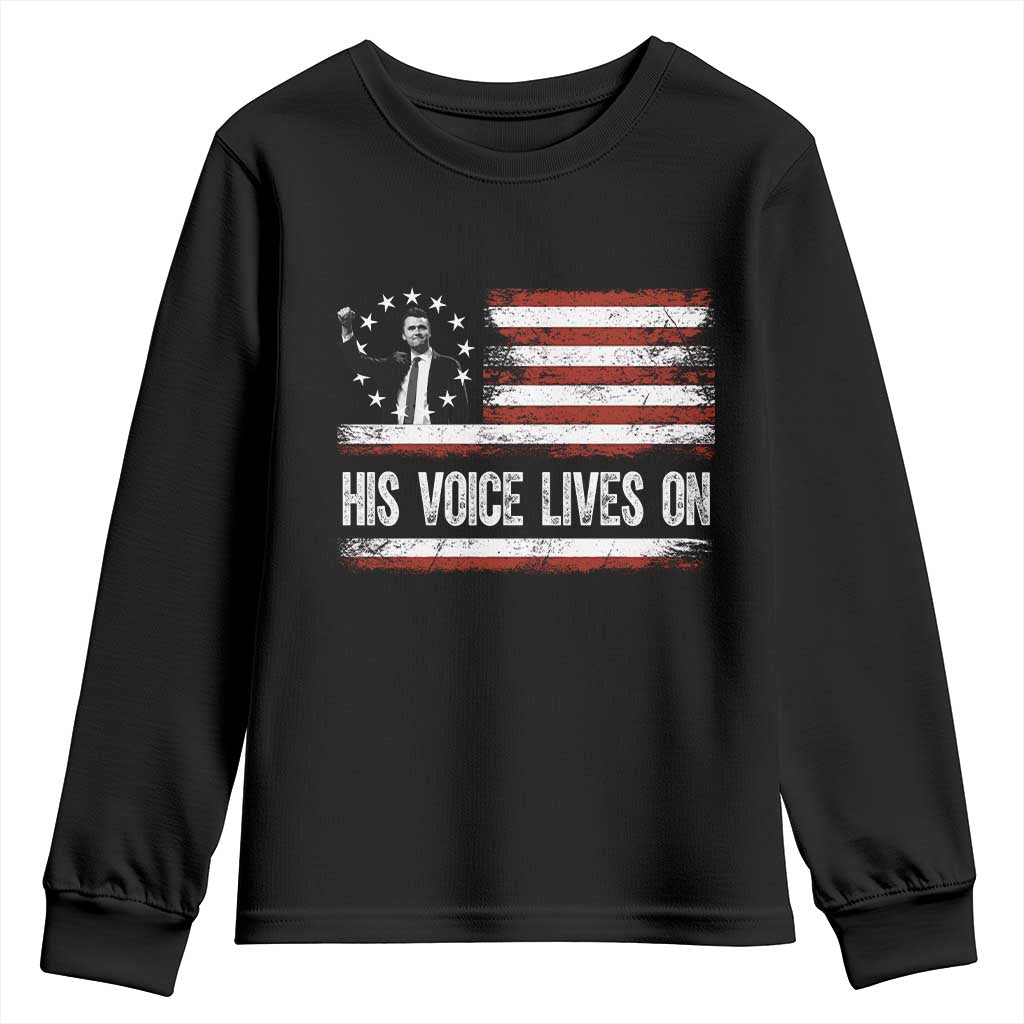 Charlie Kirk Memorial Youth Sweatshirt His Voice Lives On Vintage Patriotic American Flag TS02 Black Print Your Wear