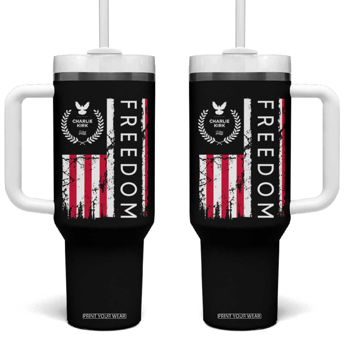 Freedom Charlie Kirk Tribute Tumbler With Handle Patriotic Legacy Eagle Distressed American Flag TS02 One Size: 40 oz Black Print Your Wear