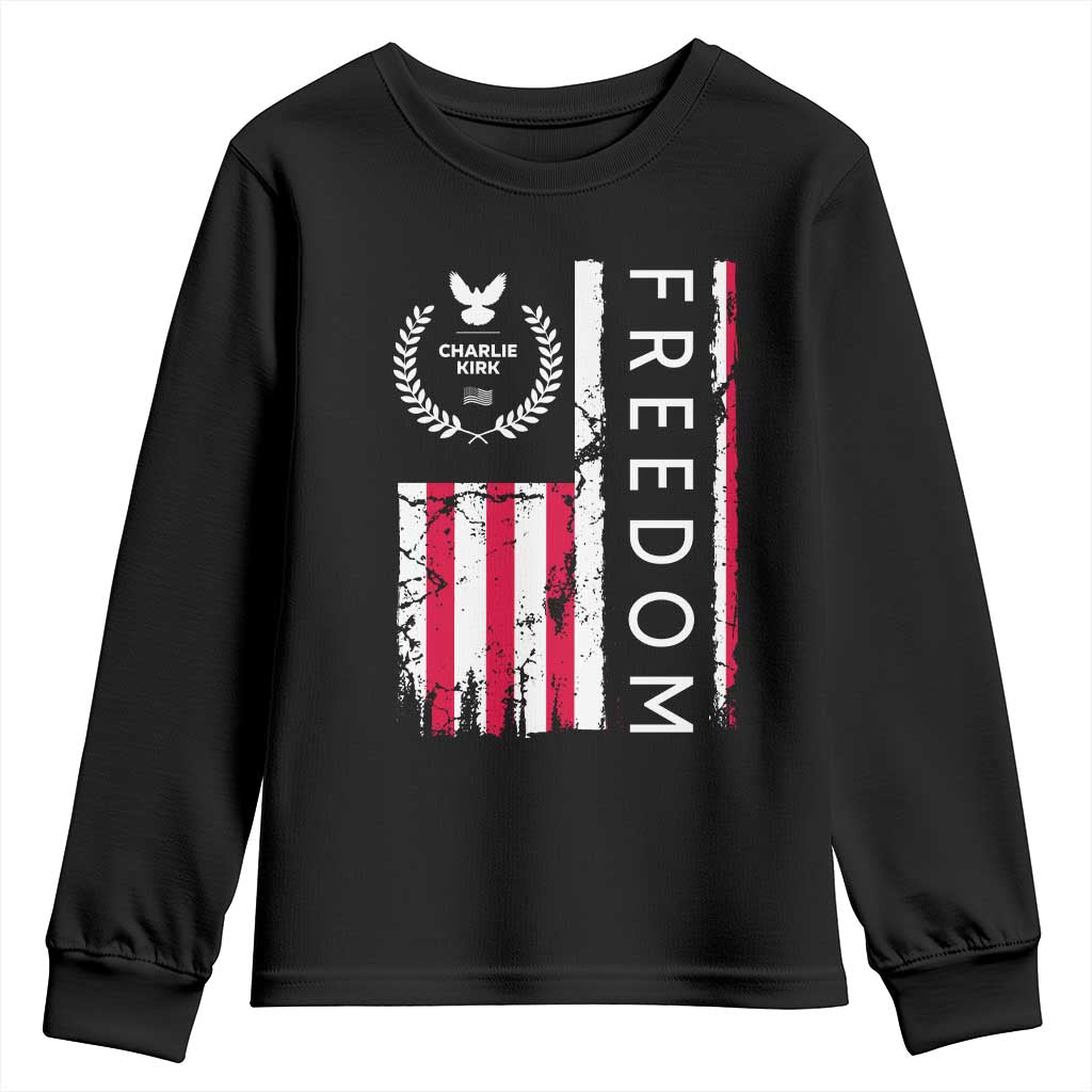Freedom Charlie Kirk Tribute Youth Sweatshirt Patriotic Legacy Eagle Distressed American Flag TS02 Black Print Your Wear