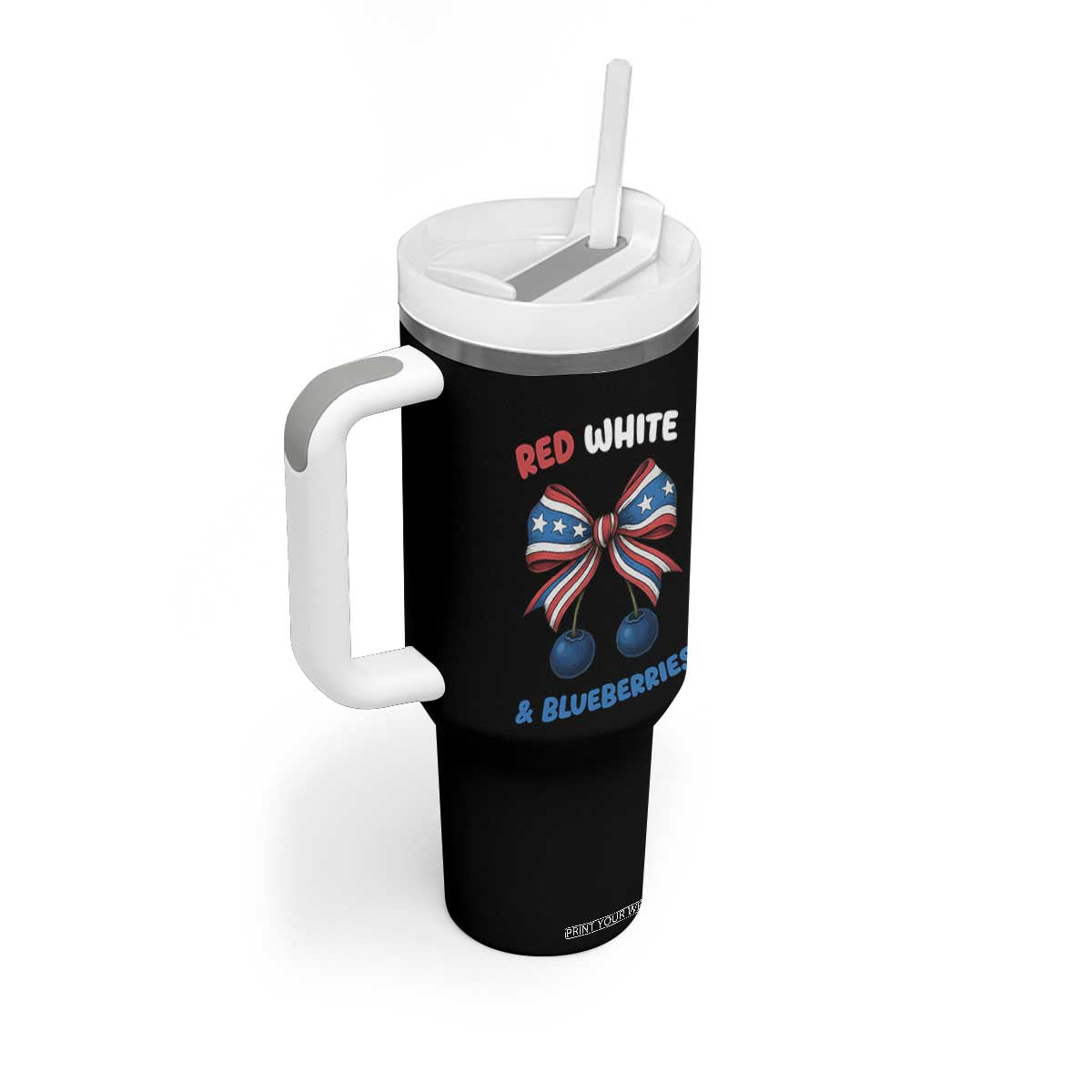 Red White and Blueberries Tumbler With Handle Retro Coquette Bow Vintage American Flag TS02 Print Your Wear