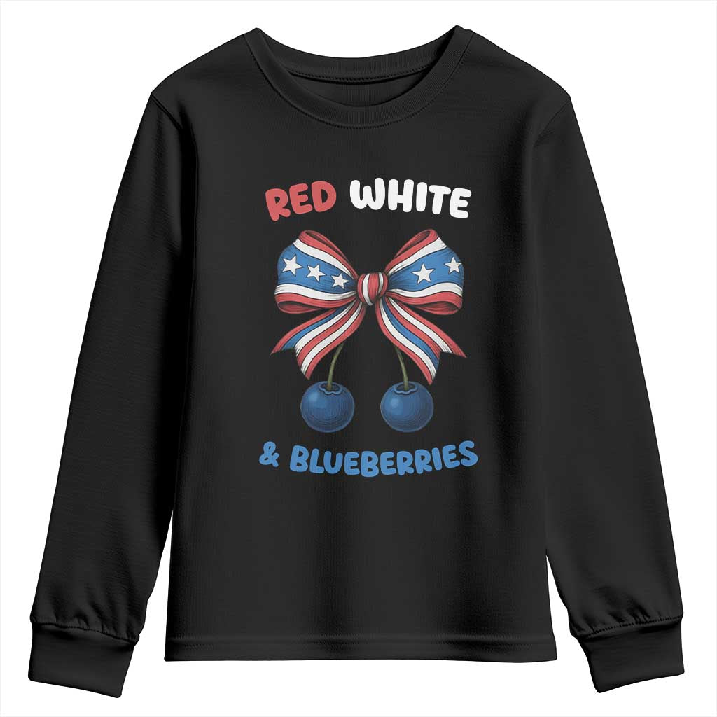 Red White and Blueberries Youth Sweatshirt Retro Coquette Bow Vintage American Flag TS02 Black Print Your Wear