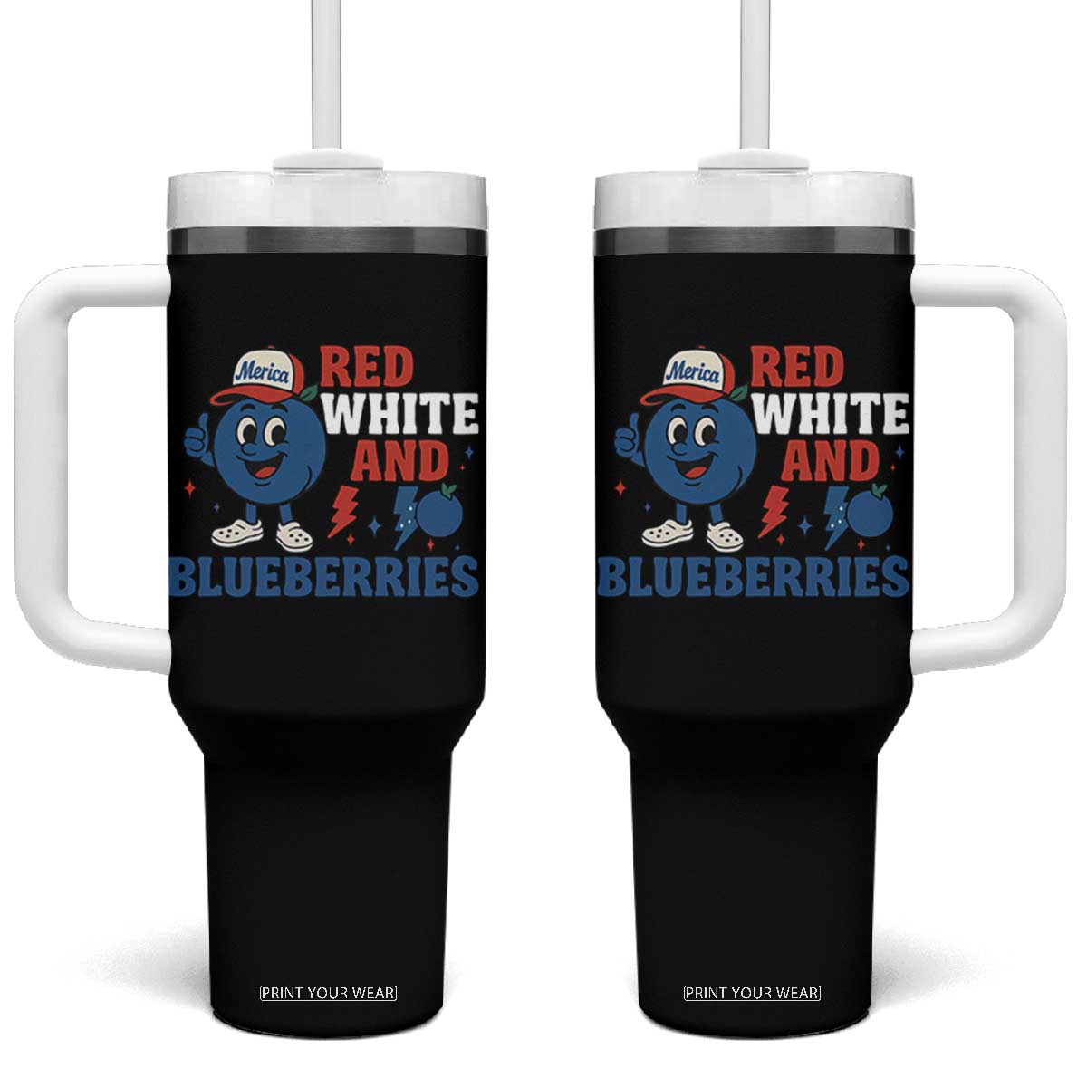 Red White and Blueberries Tumbler With Handle Patriotic Fruit Cartoon Graphic TS02 One Size: 40 oz Black Print Your Wear
