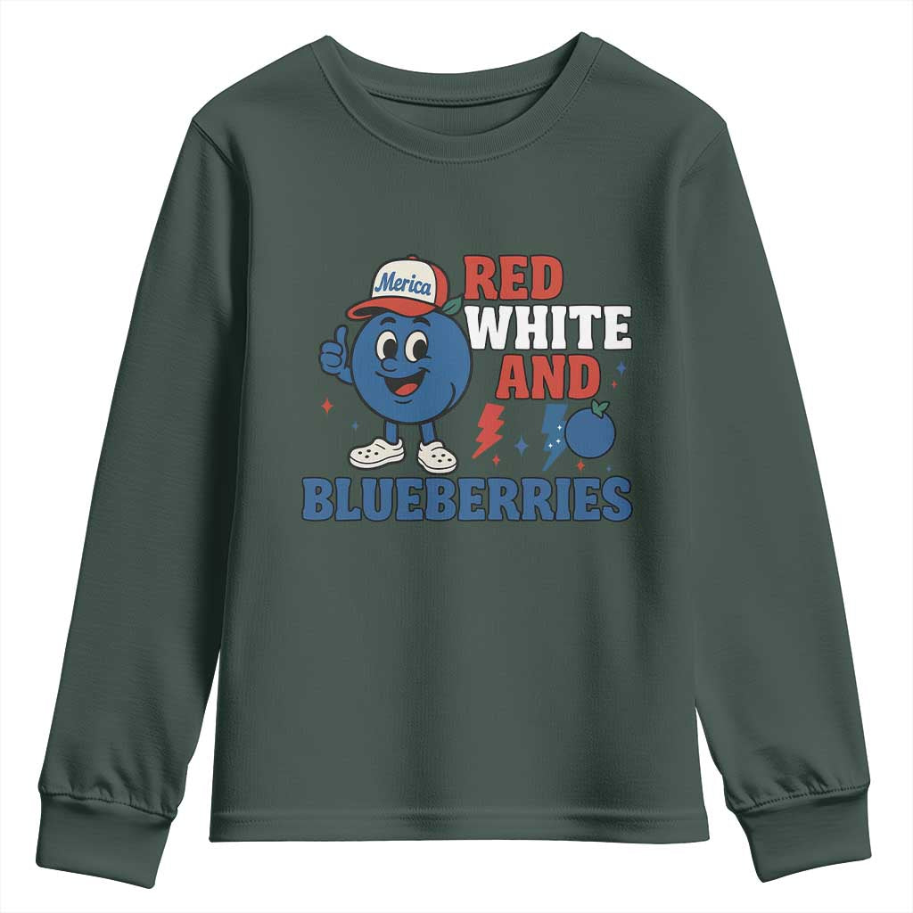 Red White and Blueberries Youth Sweatshirt Patriotic Fruit Cartoon Graphic TS02 Dark Forest Green Print Your Wear