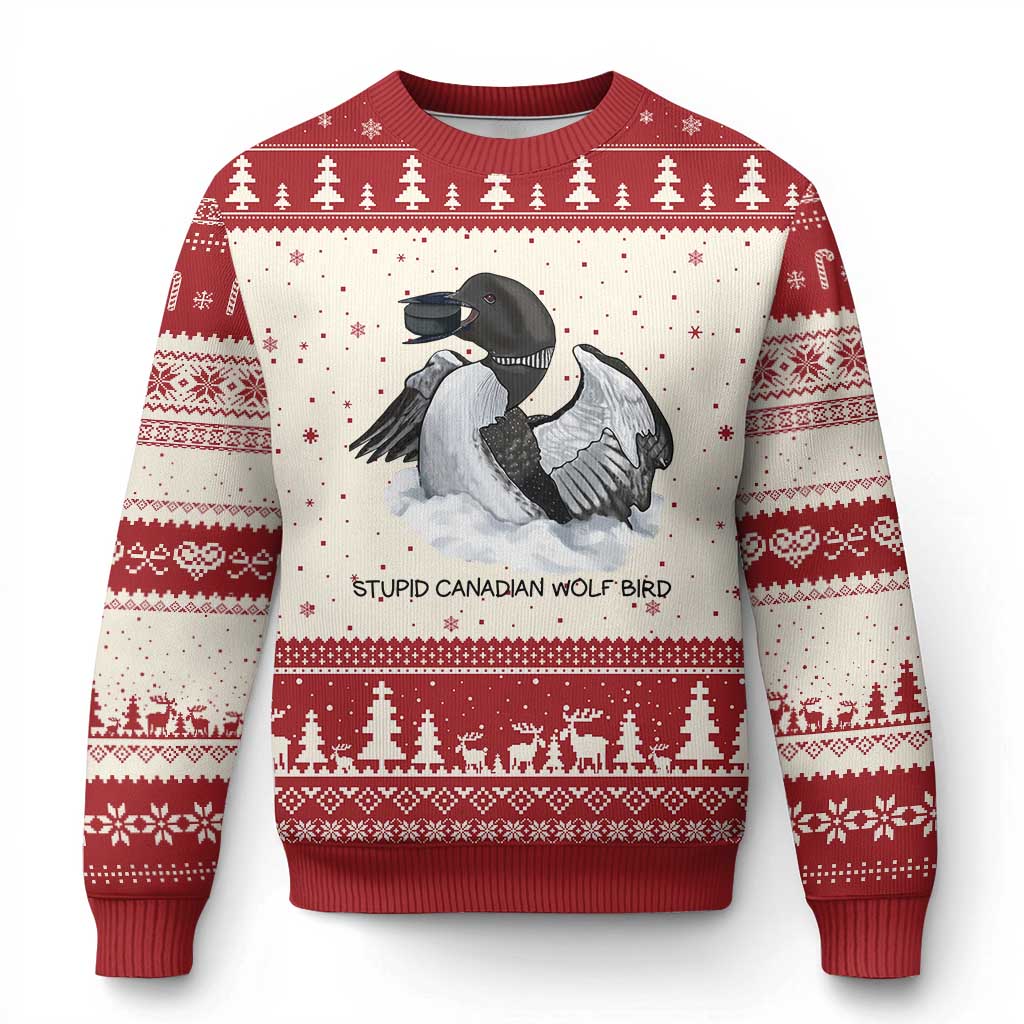 Funny Stupid Canadian Wolf Bird Ugly Christmas Sweater Common Loon with Hockey Puck Bird Meme TS02 Beige Red Print Your Wear