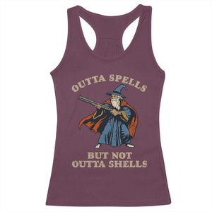 Outta Spells But Not Outta Shells Racerback Tank Top Funny Wizard Fantasy Meme TS02 Maroon Print Your Wear