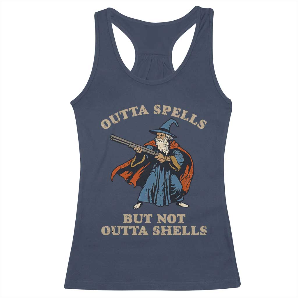 Outta Spells But Not Outta Shells Racerback Tank Top Funny Wizard Fantasy Meme TS02 Navy Print Your Wear