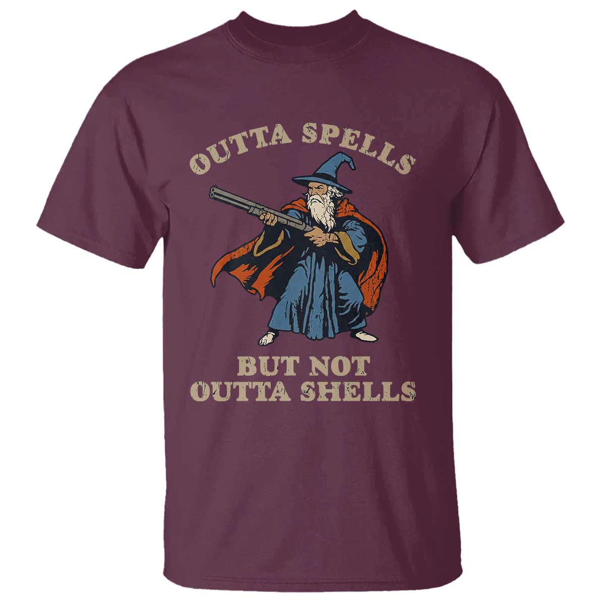 Outta Spells But Not Outta Shells T Shirt Funny Wizard Fantasy Meme TS02 Maroon Print Your Wear