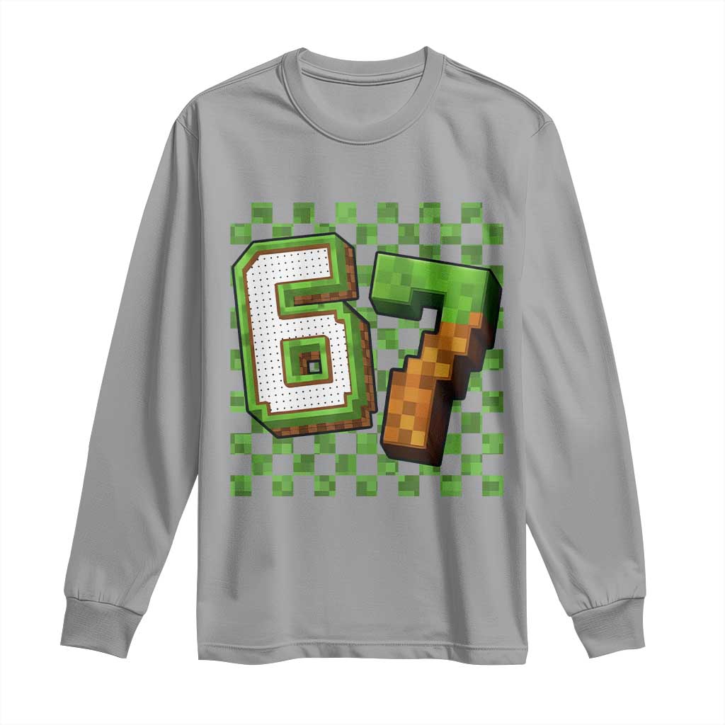 Funny 67 Pixel Style Graphic Long Sleeve Shirt Viral Six Seven Meme Gamer TS02 Sport Gray Print Your Wear