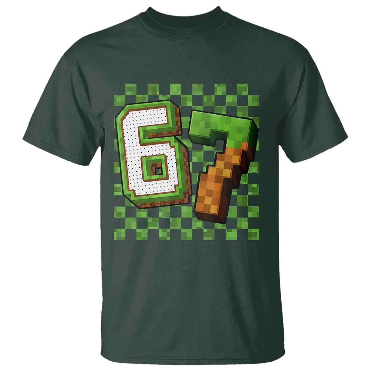 Funny 67 Pixel Style Graphic T Shirt Viral Six Seven Meme Gamer TS02 Dark Forest Green Print Your Wear