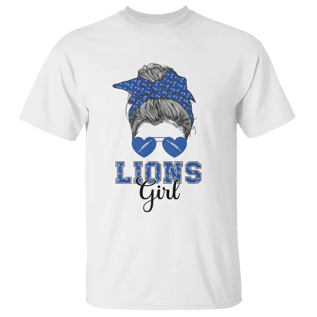 Lions Girl Messy Bun T Shirt Funny Sports Fan Team TS02 White Print Your Wear