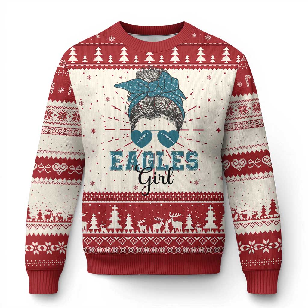 Eagles Girl Messy Bun Knit Sweatshirt Funny Sports Fan Team TS02 Red Print Your Wear