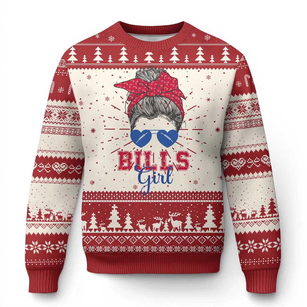 Bills Girl Messy Bun Knit Sweatshirt Funny Sports Fan Team TS02 Red Print Your Wear