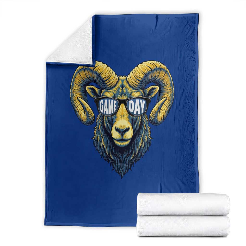 Cool Ram Game Day Bighorn Sheep Graphic Throw Blanket Bold Blue and Gold Fan TS02 Royal Blue Print Your Wear