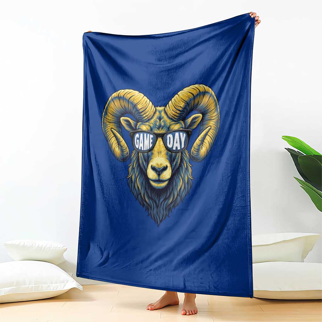 Cool Ram Game Day Bighorn Sheep Graphic Throw Blanket Bold Blue and Gold Fan TS02 Print Your Wear