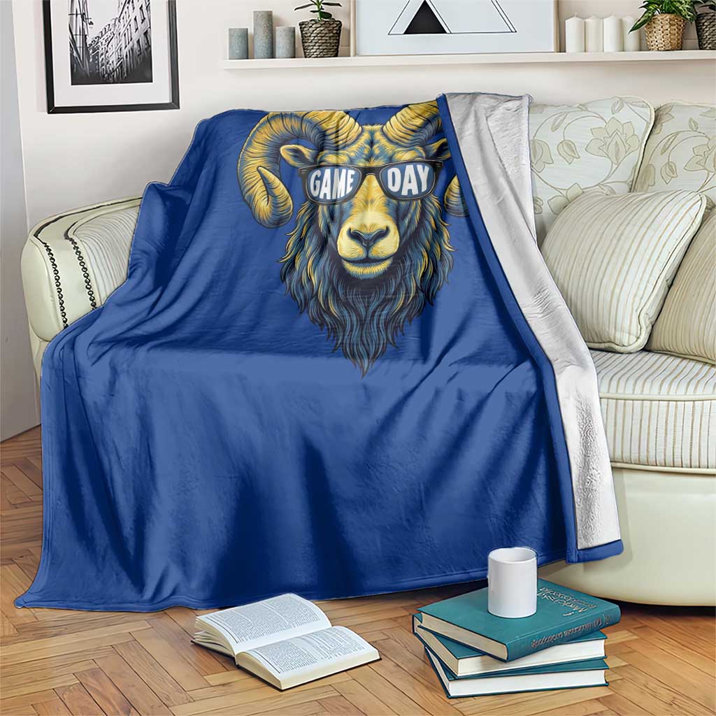 Cool Ram Game Day Bighorn Sheep Graphic Throw Blanket Bold Blue and Gold Fan TS02 Print Your Wear