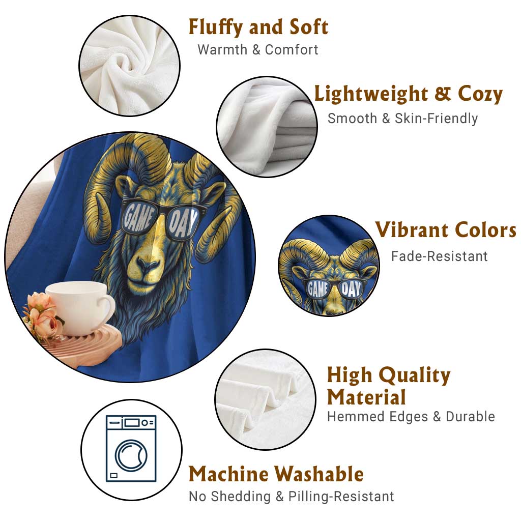 Cool Ram Game Day Bighorn Sheep Graphic Throw Blanket Bold Blue and Gold Fan TS02 Print Your Wear