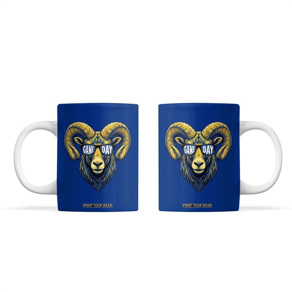 Cool Ram Game Day Bighorn Sheep Graphic Coffee Mug Bold Blue and Gold Fan TS02 Royal Blue Print Your Wear