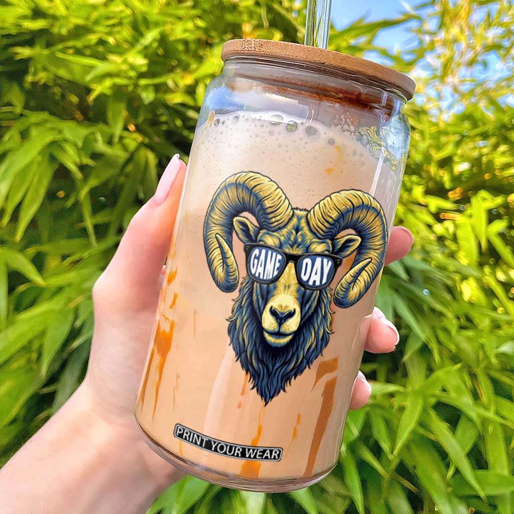 Cool Ram Game Day Bighorn Sheep Graphic Glass Can Bold Blue and Gold Fan TS02 Royal Blue Print Your Wear