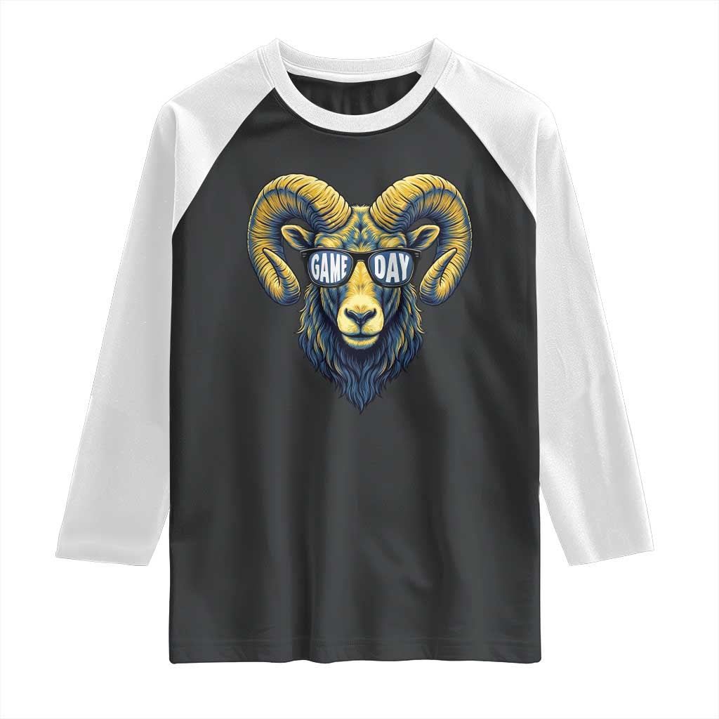 Cool Ram Game Day Bighorn Sheep Graphic Raglan Shirt Bold Blue and Gold Fan TS02 Black White Print Your Wear