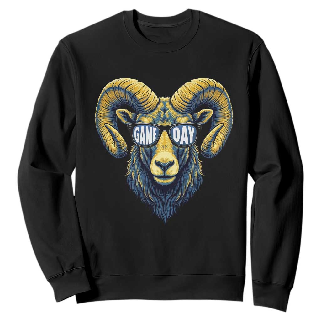 Cool Ram Game Day Bighorn Sheep Graphic Sweatshirt Bold Blue and Gold Fan TS02 Black Print Your Wear