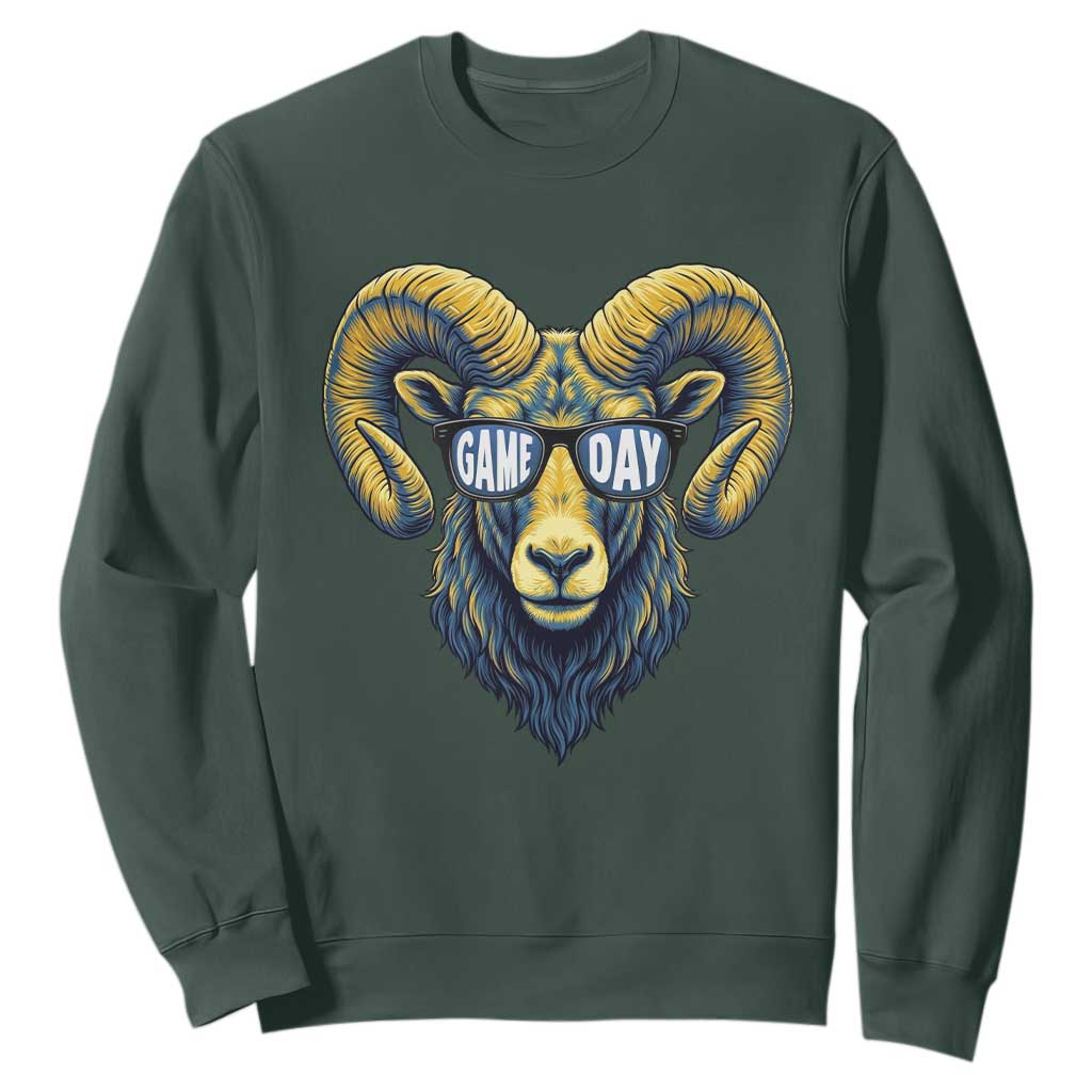 Cool Ram Game Day Bighorn Sheep Graphic Sweatshirt Bold Blue and Gold Fan TS02 Dark Forest Green Print Your Wear