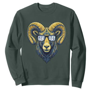 Cool Ram Game Day Bighorn Sheep Graphic Sweatshirt Bold Blue and Gold Fan TS02 Dark Forest Green Print Your Wear