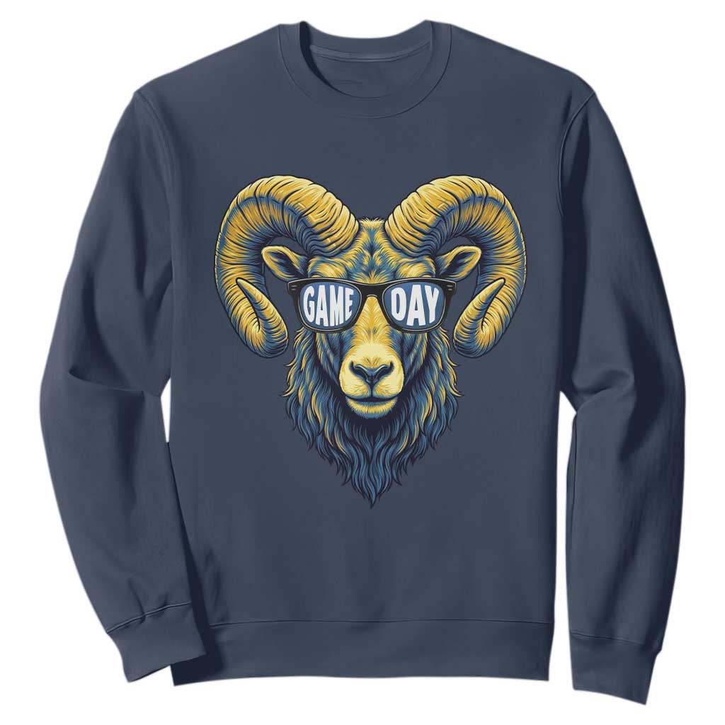 Cool Ram Game Day Bighorn Sheep Graphic Sweatshirt Bold Blue and Gold Fan TS02 Navy Print Your Wear