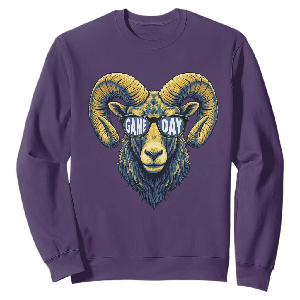 Cool Ram Game Day Bighorn Sheep Graphic Sweatshirt Bold Blue and Gold Fan TS02 Purple Print Your Wear
