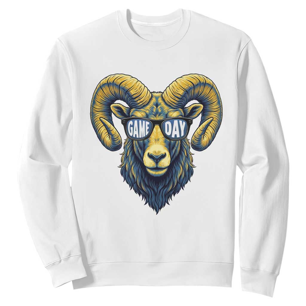 Cool Ram Game Day Bighorn Sheep Graphic Sweatshirt Bold Blue and Gold Fan TS02 White Print Your Wear