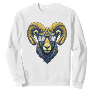 Cool Ram Game Day Bighorn Sheep Graphic Sweatshirt Bold Blue and Gold Fan TS02 White Print Your Wear