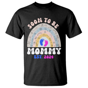 New Mom T Shirt Soon To Be Mommy Est 2024 Blue Pink Baby Feets Rainbow TS02 Black Printyourwear