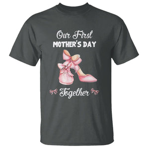 Our First Mother's Day Together T Shirt Matching Coquette Pink Baby Shoes High Heels TS02 Dark Heather Printyourwear