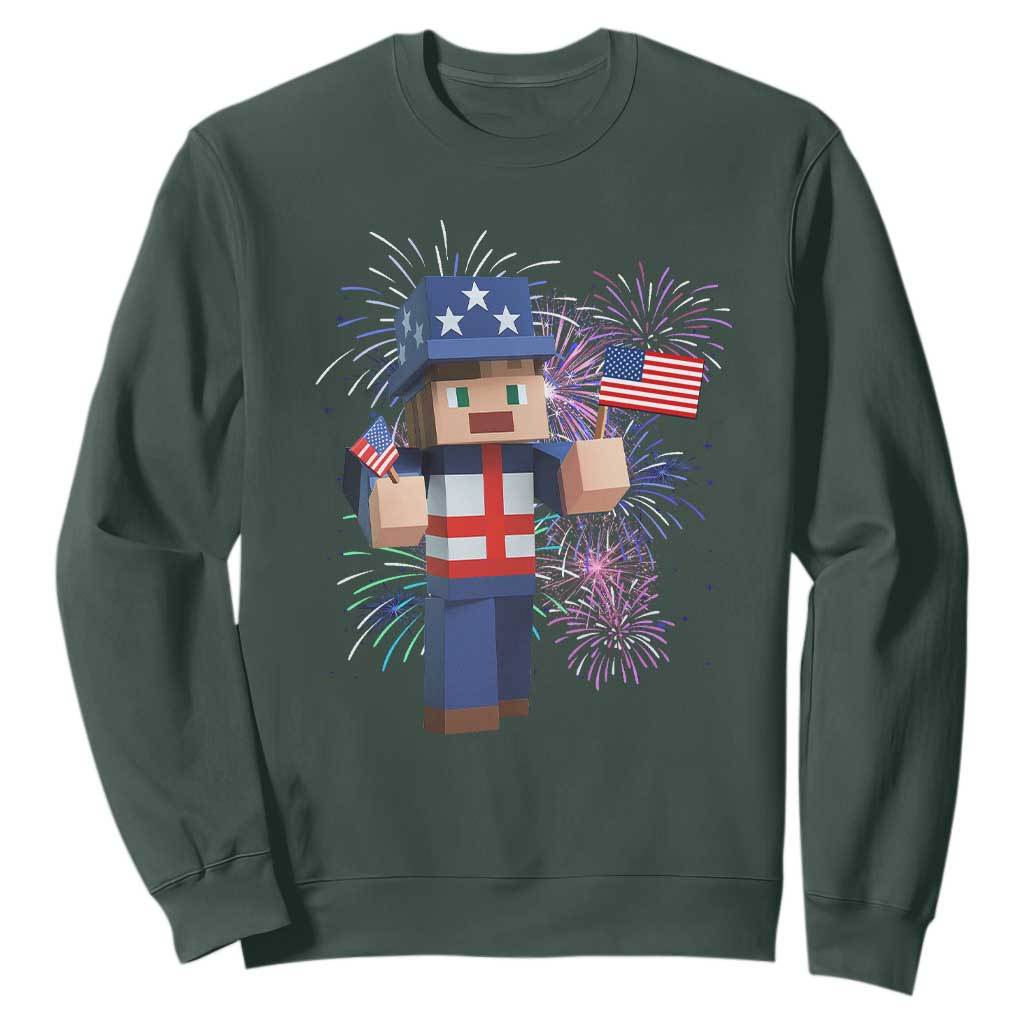 4th of July Gamer Sweatshirt Uncle Sam Pixels Gaming Celebrate Independence Day TS02 Dark Forest Green Print Your Wear