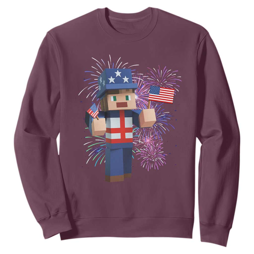 4th of July Gamer Sweatshirt Uncle Sam Pixels Gaming Celebrate Independence Day TS02 Maroon Print Your Wear