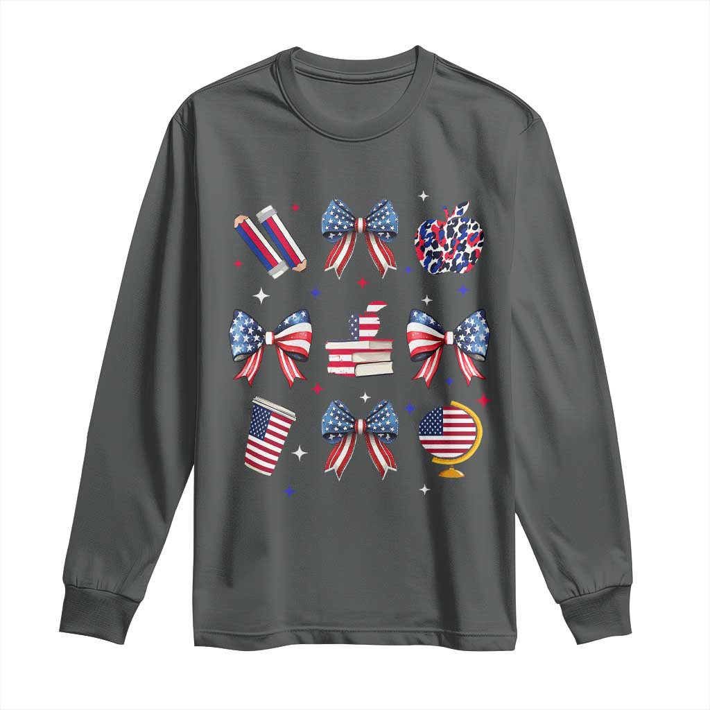 4th of July Teacher Student Long Sleeve Shirt Patriotic Teaching Learning Retro Coquette TS02 Dark Heather Print Your Wear