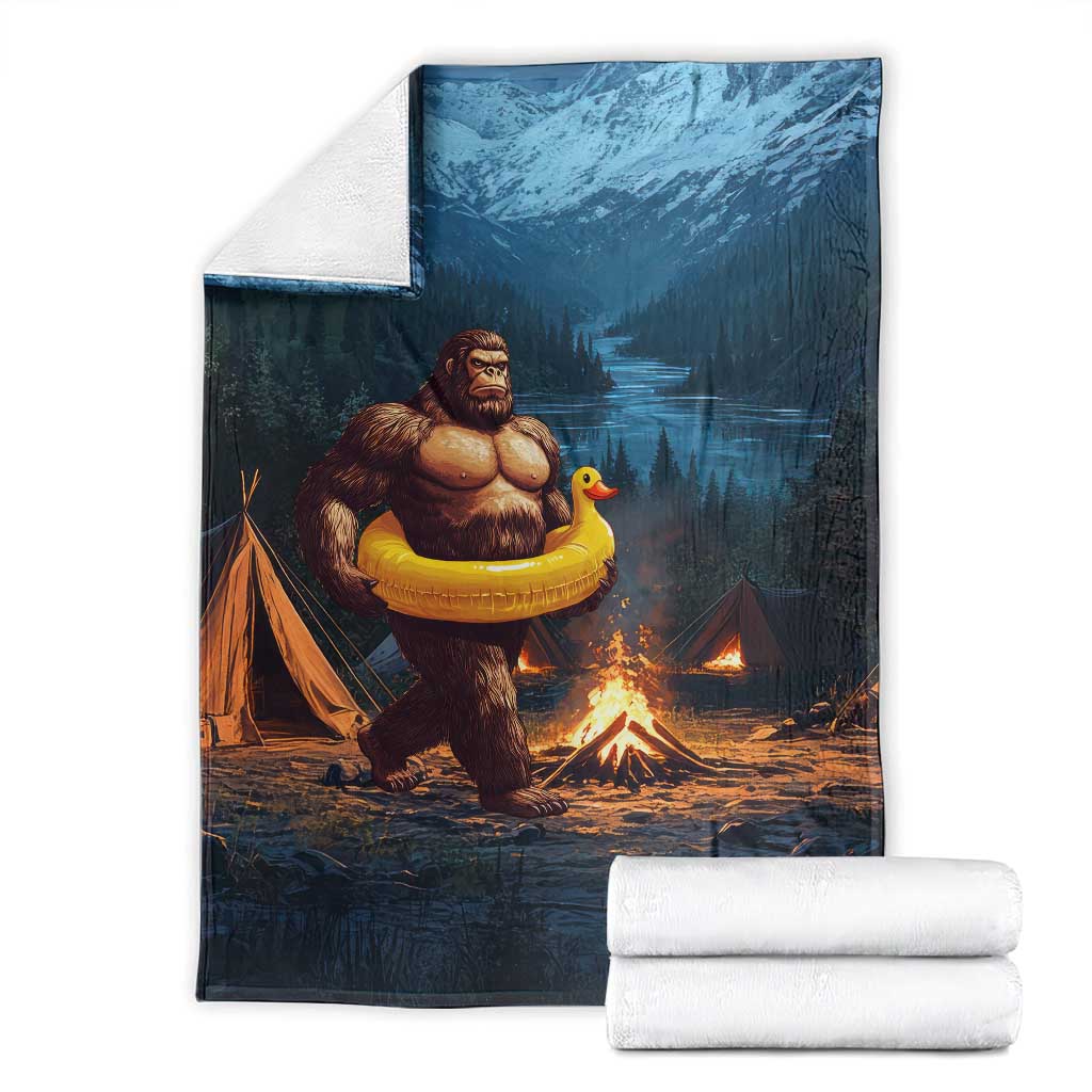 Funny Bigfoot with Duck Floatie Throw Blanket Sasquatch Camping Night TS02 Deep Blue Print Your Wear