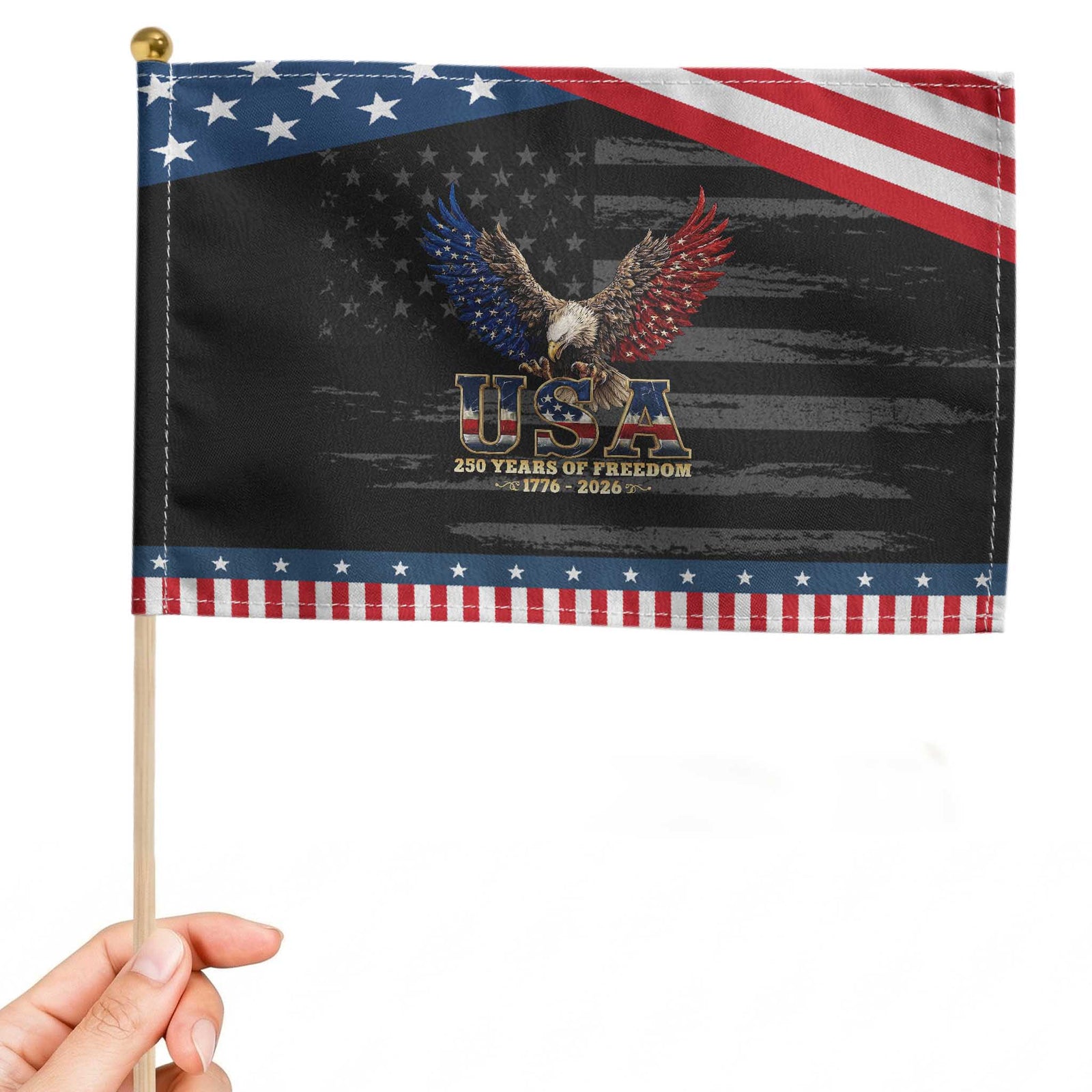 250 Years USA Majestic Bald Eagle Patriotic Handheld Flag American Flag Wings Patriotic Semiquincentennial 250th Anniversary TS02 Distressed 8.2