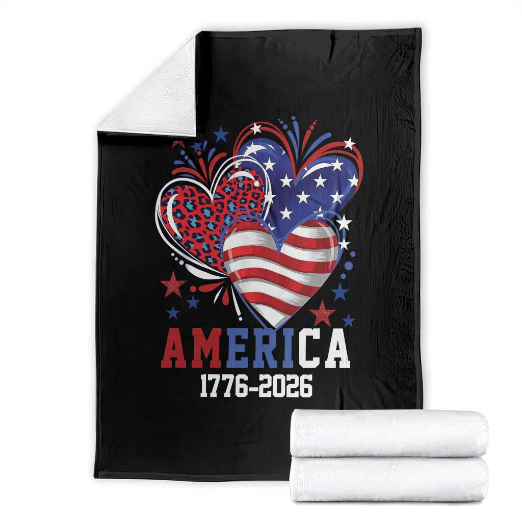 America 1776-2026 Patriotic Hearts Throw Blanket Semiquincentennial 250th Anniversary Red White Blue Stars and Stripes TS02 Black Print Your Wear