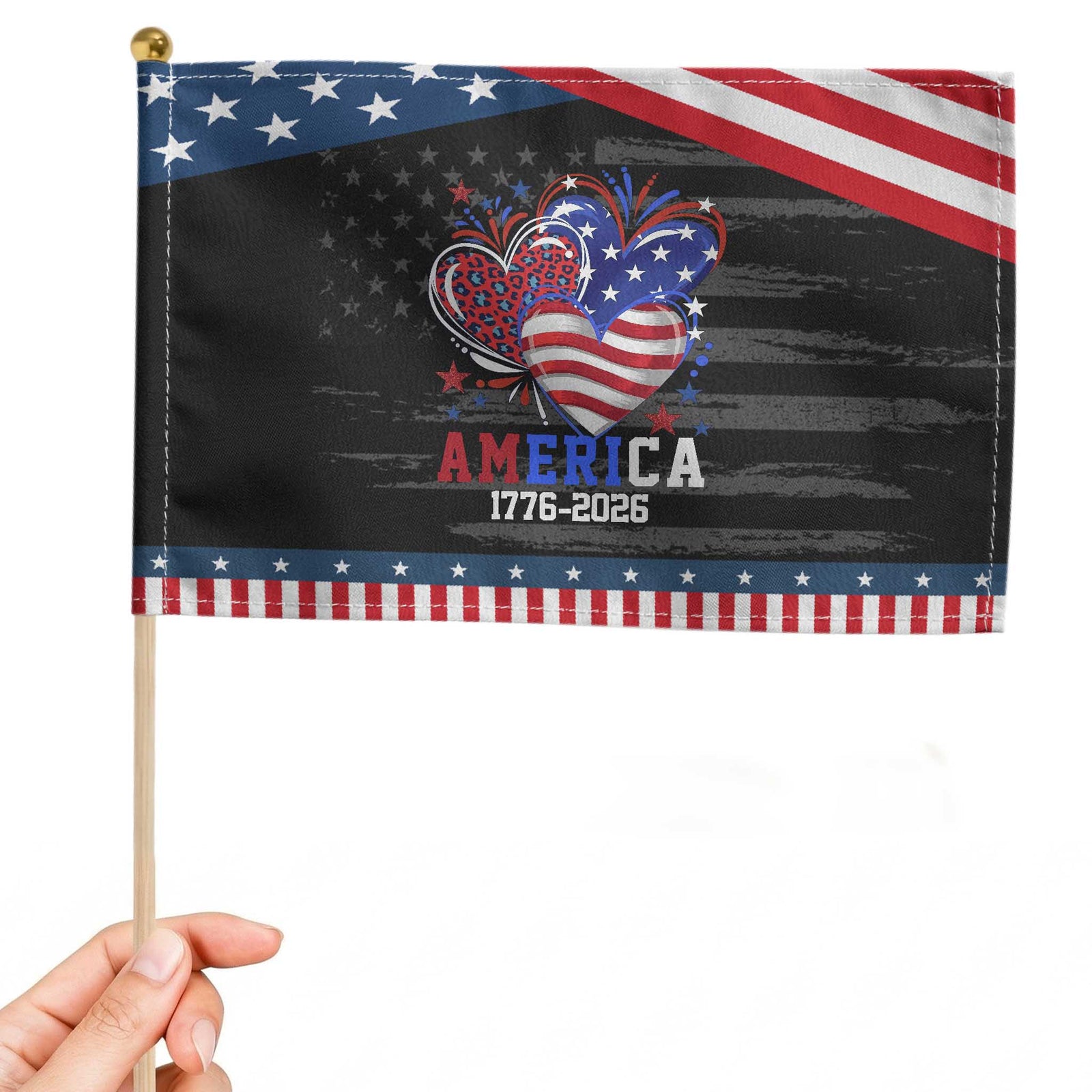 America 1776-2026 Patriotic Hearts Patriotic Handheld Flag Semiquincentennial 250th Anniversary Red White Blue Stars and Stripes TS02 Distressed 8.2